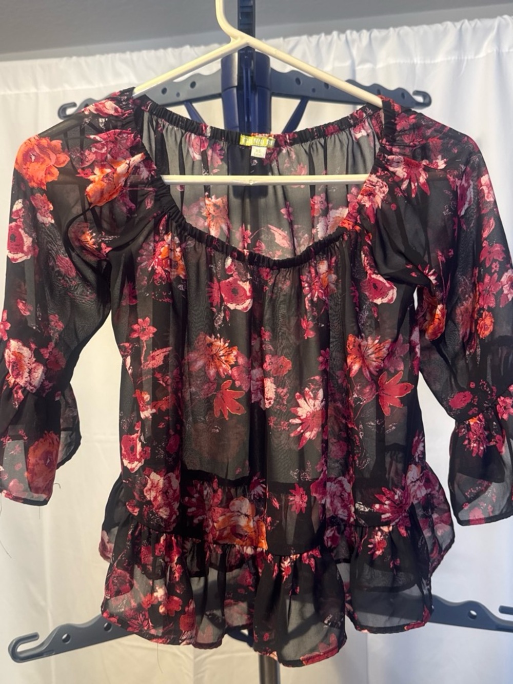 Gianni Bini- Sheer Floral Off-Shoulder Blouse - Black with Pink & Red Floral